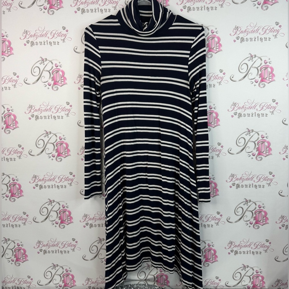 Maeve Anthropologie dress turtleneck Navy and White Striped Long Sleeve Dress